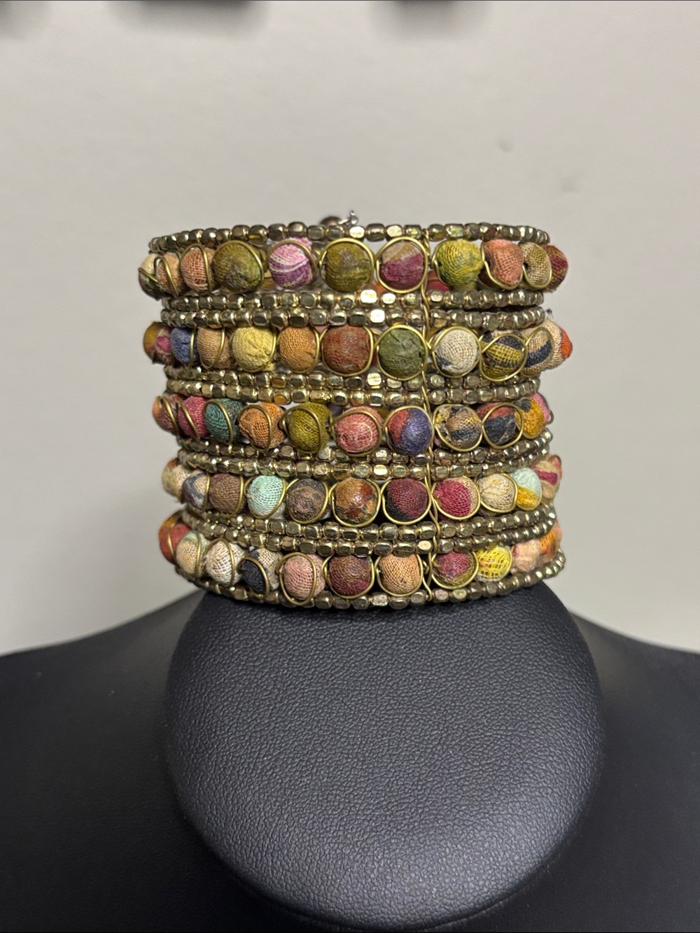 Handcrafted Boho VTG Multi-Color Beaded Wrap Fabric Beaded Bracelet Jewelry